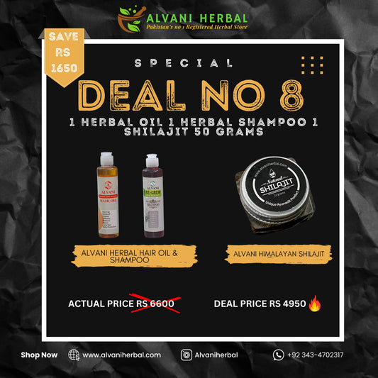 Deal no  8 ( 1 Alvani herbal hair oil 1 Alvani herbal shampoo & 1 shilajit 50 grams )